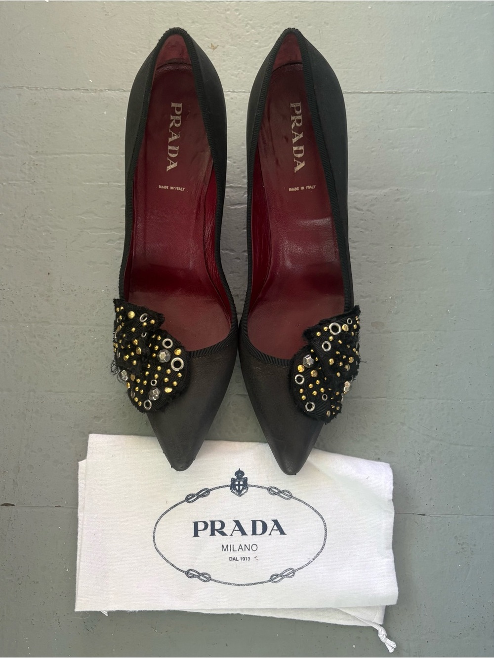 PRADA Vintage Black Pointed Toe Embellished Studded Heels, Italy EU 40.5 US 10.5